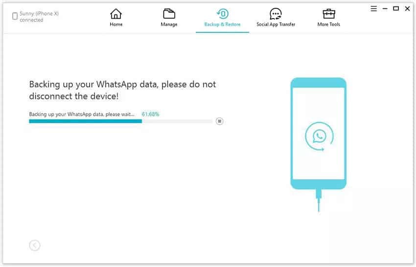 Tenorshare iCareFone – WhatsApp backup in progress