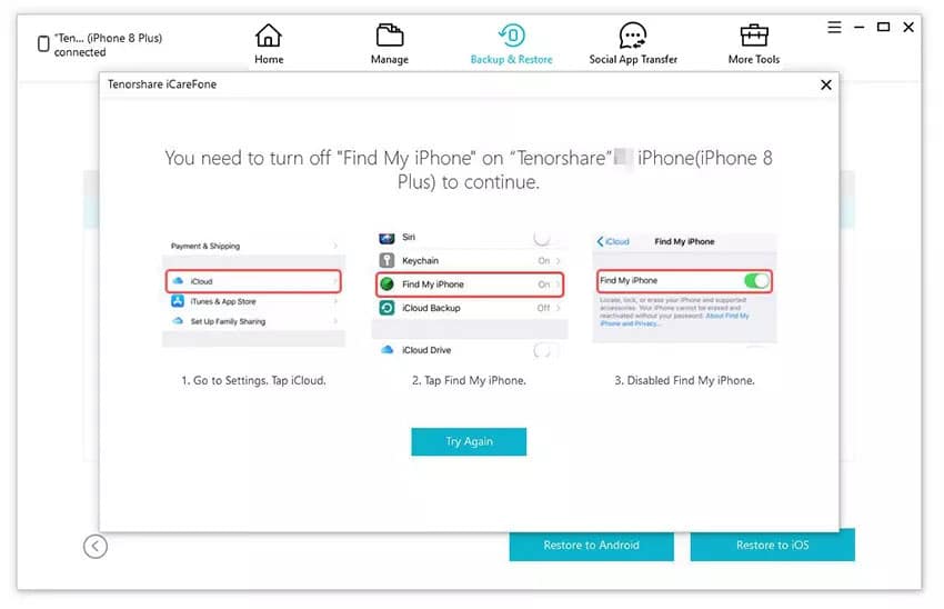 Tenorshare iCareFone – turn off Find My iPhone feature