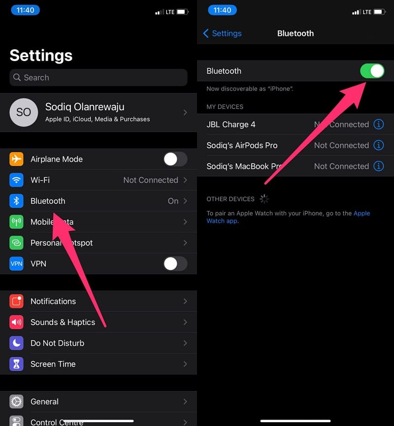 Turn off bluetooth from settings on iPhone