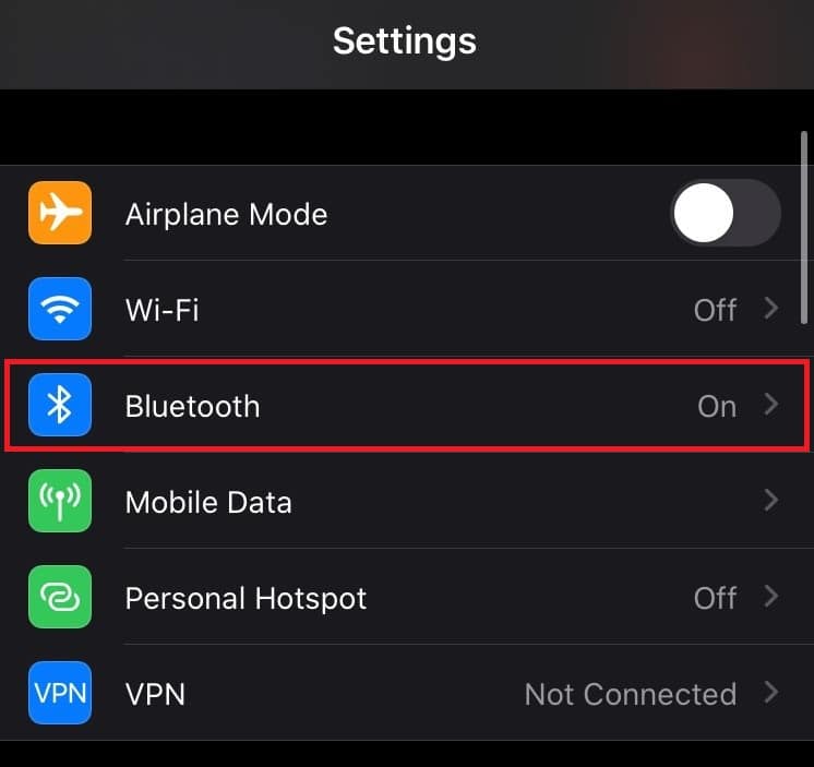 Tap Bluetooth option from iPhone settings