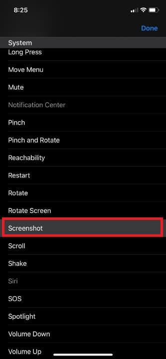 Choose Screenshot on custom AssistiveTouch on iPhone
