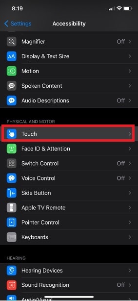 Choose Touch from Accessibility on iPhone settings