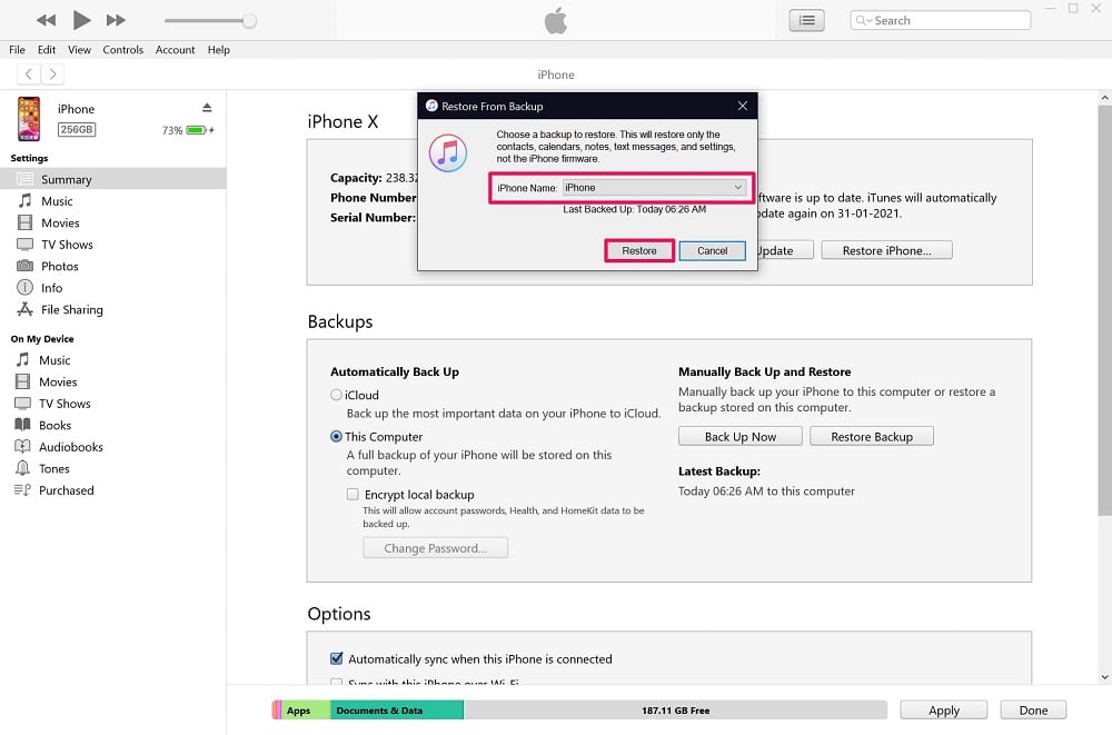 Choose a backup to restore on iTunes