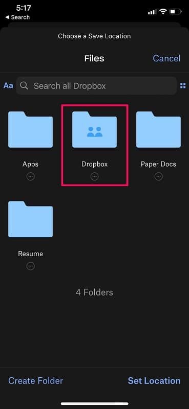 Select a folder to store iPhone photos on Dropbox