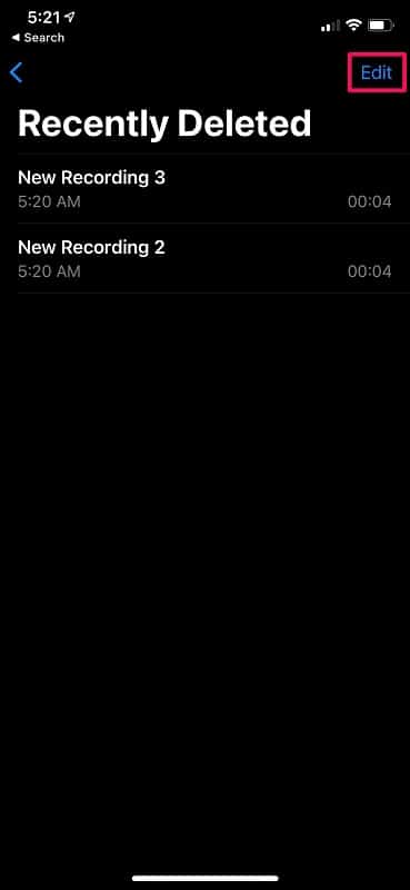 Recently deleted voice memos on iPhone