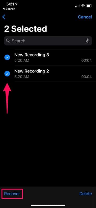 Select the audio recording you want to recover on iPhone voice memos