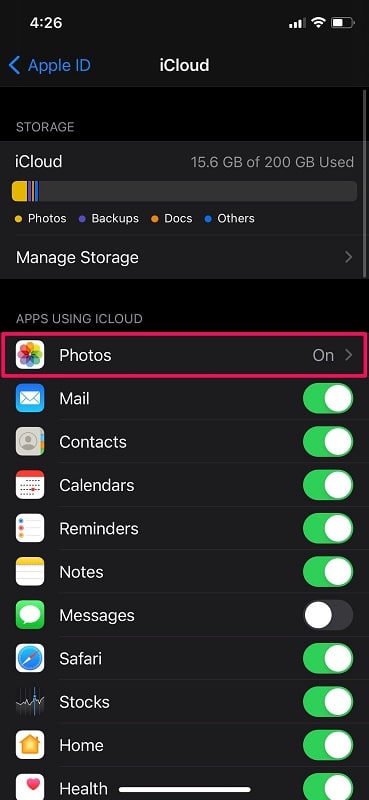 Turn on Photos on iCloud from iPhone settings
